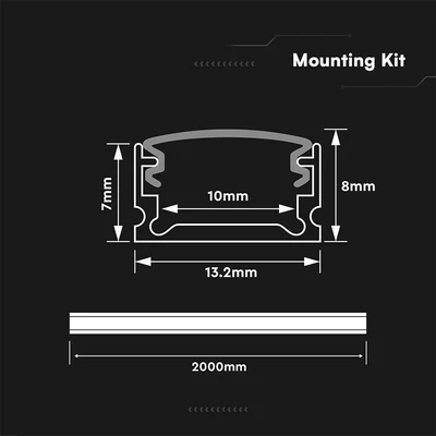 V-TAC falon kívüli alumínium LED szalag profil fehér fedlappal 13,2x8mm, 2m hosszú - SKU 24300