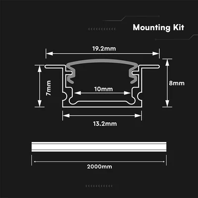 V-TAC süllyeszthető alumínium LED szalag profil fehér fedlappal 19.2x8mm, 2m hosszú - SKU 24301