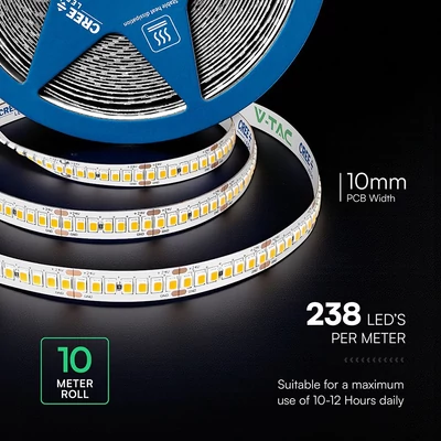 V-TAC CREE LED szalag IP20 SMD 2835 chip 238 db/m meleg fehér, 108 Lm/W - SKU 2125996