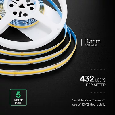 V-TAC DC24V COB LED szalag IP20, 432 db/m hideg fehér, 95 Lm/W - SKU 212669