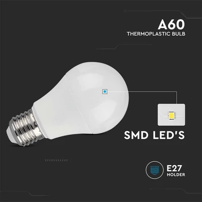 V-TAC 10.5W E27 hideg fehér A60 LED égő, 100 Lm/W - SKU 217351