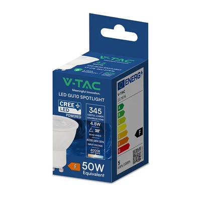 V-TAC GU10 CREE LED spot égő 4.5W természetes fehér 38° - SKU 217976