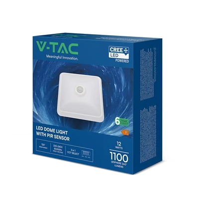 V-TAC CREE SMD 12W mennyezeti szögletes LED lámpa, mozgásérzékelővel, CCT - SKU 234196