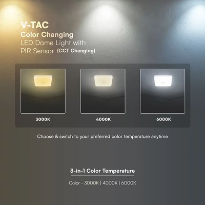 V-TAC CREE SMD 12W mennyezeti szögletes LED lámpa, mozgásérzékelővel, CCT - SKU 234196