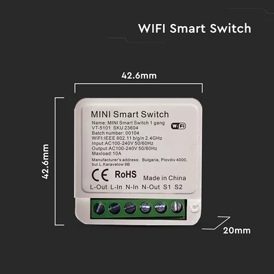 V-TAC SMART WiFi egysarkú kapcsoló, 10A-ig - SKU 23604