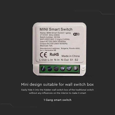 V-TAC SMART WiFi egysarkú kapcsoló, 10A-ig - SKU 23604