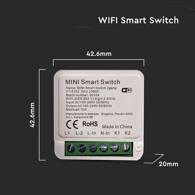 V-TAC SMART WiFi kétsarkú kapcsoló, 2x5A-ig - SKU 23605