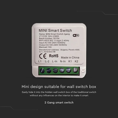 V-TAC SMART WiFi kétsarkú kapcsoló, 2x5A-ig - SKU 23605