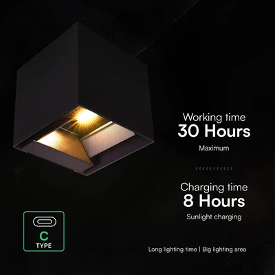V-TAC 9W COB LED szolár fali fekete lámpa, szenzorral, CCT, Type-C csatlakozóval - SKU 23770-1