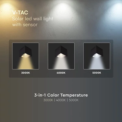 V-TAC 9W COB LED szolár fali fekete lámpa, szenzorral, CCT, Type-C csatlakozóval - SKU 23770-1