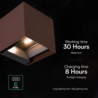 V-TAC 9W COB LED szolár fali Corten lámpa, szenzorral, CCT, Type-C csatlakozóval - SKU 23824-1