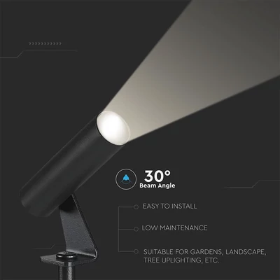 V-TAC 2W COB LED alumínium leszúrható lámpa, fekete házzal, meleg fehér - SKU 24006