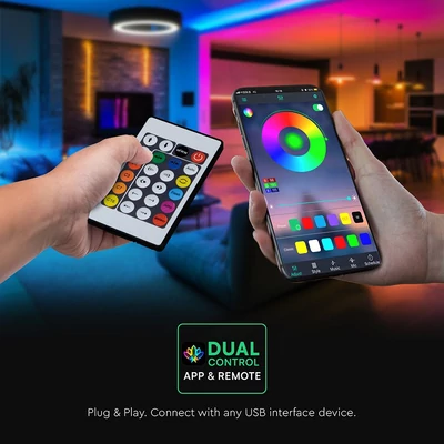V-TAC 5V okos RGB neon futófény LED szalag szett IP20 SMD 30 db/m, távirányítóval - SKU 24050