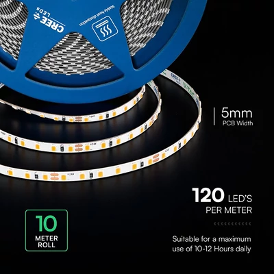 V-TAC DC24V 5mm SMD CREE LED szalag IP20, SMD 2835 chip, 120 LED/m, meleg fehér - SKU 240806