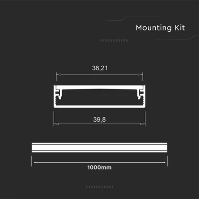 V-TAC falon kívüli alumínium LED szalag profil fehér fedlappal 40x10mm, 2m hosszú - SKU 24100