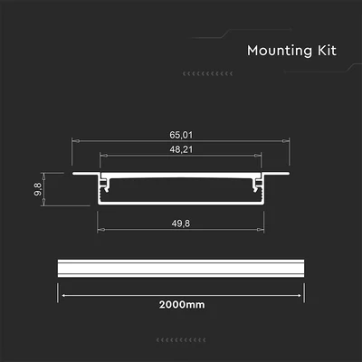 V-TAC süllyeszthető alumínium LED szalag profil fehér fedlappal 65x10mm, 2m hosszú - SKU 24103