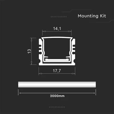 V-TAC falon kívüli alumínium LED szalag profil fehér fedlappal 17x14mm, 2m hosszú - SKU 24104
