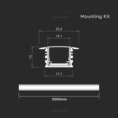 V-TAC süllyeszthető alumínium LED szalag profil fehér fedlappal 25x13mm, 2m hosszú - SKU 24105