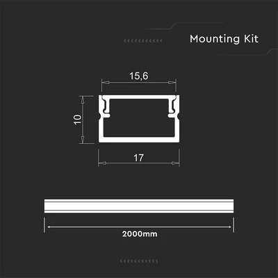 V-TAC falon kívüli alumínium LED szalag profil fehér fedlappal 17x10mm, 2m hosszú - SKU 24107