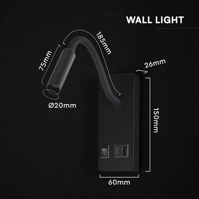 V-TAC CREE LED fali lámpa állítható flexibilis fejjel, USB töltővel, meleg fehér - SKU 241516