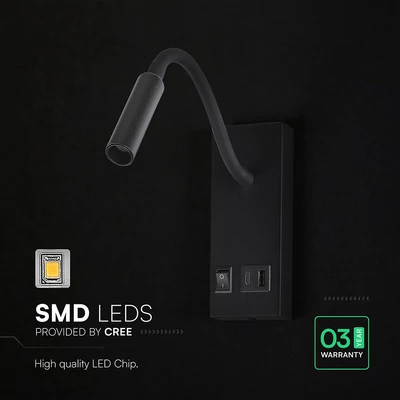 V-TAC CREE LED fali lámpa állítható flexibilis fejjel, USB töltővel, meleg fehér - SKU 241516