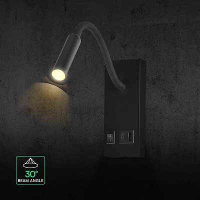 V-TAC CREE LED fali lámpa állítható flexibilis fejjel, USB töltővel, meleg fehér - SKU 241516