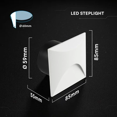 V-TAC süllyeszthető szögletes IP65 3W LED lépcsővilágítás, fehér alumínium, meleg fehér - SKU 24231