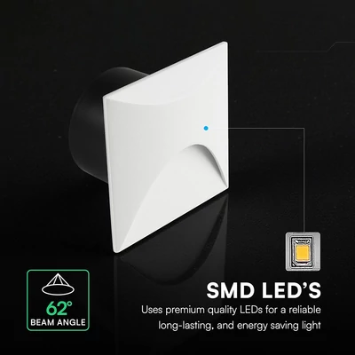 V-TAC süllyeszthető szögletes IP65 3W LED lépcsővilágítás, fehér alumínium, meleg fehér - SKU 24231