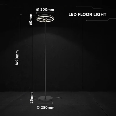 V-TAC S-alakú 25W LED állólámpa, 300x1420mm, természetes fehér, matt fekete házzal - SKU 24292