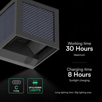 V-TAC 9W COB LED szolár fali fekete lámpa, szenzorral, állítható színhőmérséklettel - SKU 24293