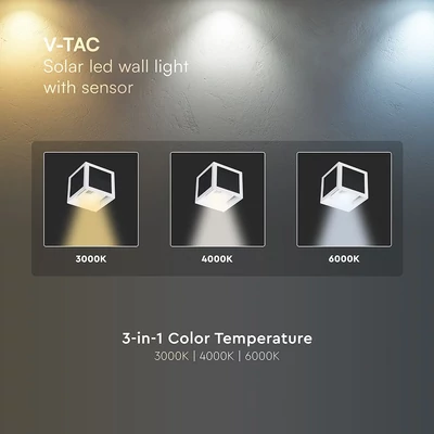 V-TAC 9W COB LED szolár fali fehér lámpa, szenzorral, állítható színhőmérséklettel - SKU 24295