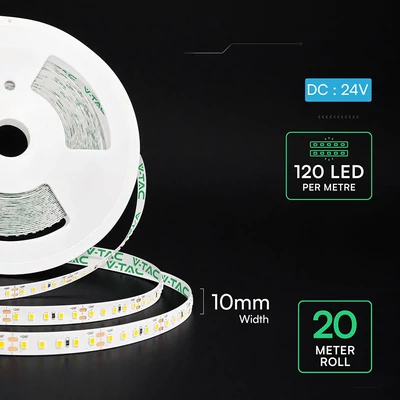 V-TAC DC24 LED szalag IP20 SMD 2835 chip 120 db/m meleg fehér, 20 méter - SKU 24320