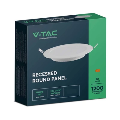 V-TAC süllyeszthető, műanyag házas, kerek LED panel 12W, meleg fehér - SKU 7861