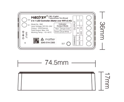 MiLight Smart 2in1 zónázható rádiófrekvenciás + Matter over WiFi vezérlő, 2 csatornás - SM2