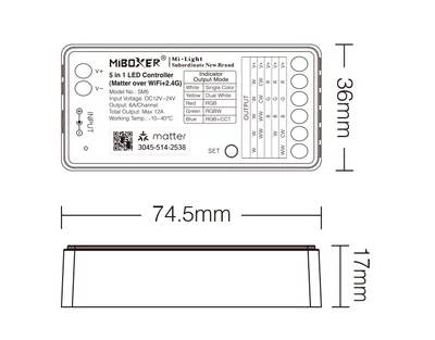 MiLight Smart 5in1 zónázható rádiófrekvenciás + Matter over WiFi vezérlő, 5 csatornás - SM5