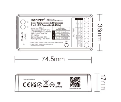 MiLight 3in1 zónázható rádiófrekvenciás vezérlő, 4/2/1 zónás, Egyszínű és CCT - SR2-2