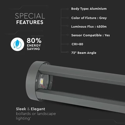 V-TAC 10W kültéri LED lámpa oszlop 80 cm, hideg fehér, szürke házzal - SKU 8330