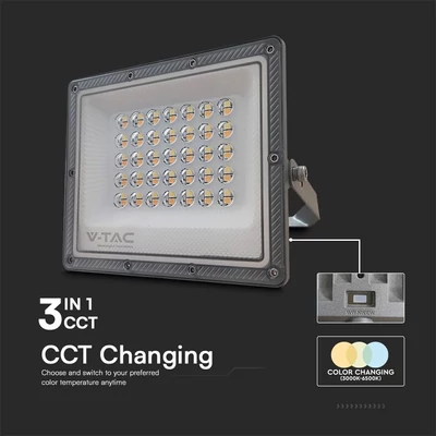 V-TAC 30W LED reflektor, állítható színhőmérséklettel, szürke házzal - SKU 23613