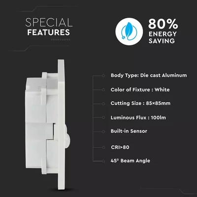 V-TAC 3W beltéri LED lépcsővilágítás, mozgásérzékelővel, természetes fehér - SKU 5570