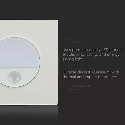 V-TAC 3W beltéri LED lépcsővilágítás, mozgásérzékelővel, természetes fehér - SKU 5570