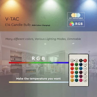 V-TAC 4.8W E14 RGB+ Természetes fehér C37 gyertya LED égő, 24 gombos távirányítóval  - SKU 2929