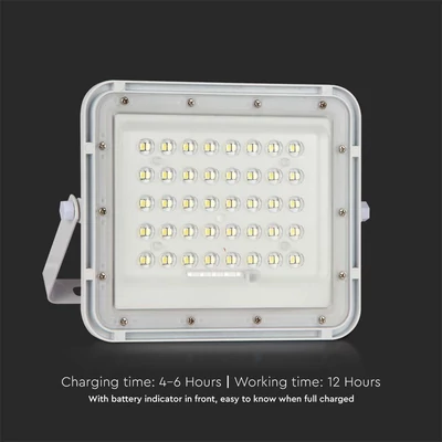 V-TAC 5000mAh napelemes LED reflektor 6W hideg fehér, 400 Lumen, fehér házzal - SKU 7839