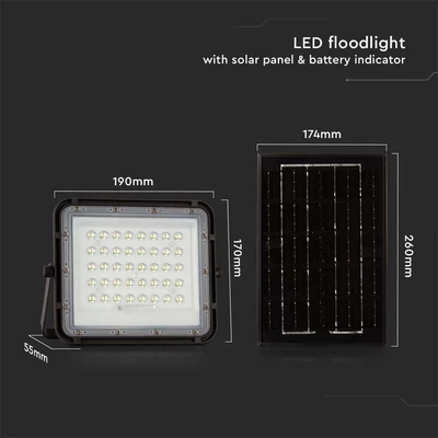 V-TAC 5000mAh napelemes LED reflektor 6W természetes fehér, 400 Lumen, fekete házzal - SKU 7822