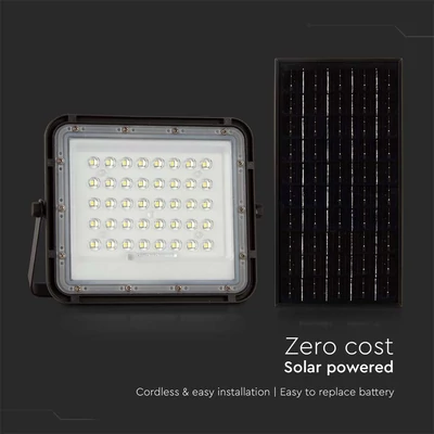 V-TAC 6000mAh napelemes LED reflektor 10W természetes fehér, 800 Lumen, fekete házzal - SKU 7824