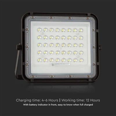 V-TAC 6000mAh napelemes LED reflektor 10W természetes fehér, 800 Lumen, fekete házzal - SKU 7824