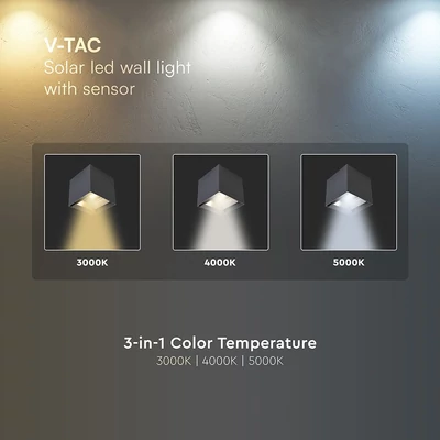 V-TAC 9W COB LED szolár fali fekete lámpa, szenzorral, állítható színhőmérséklettel - SKU 24089