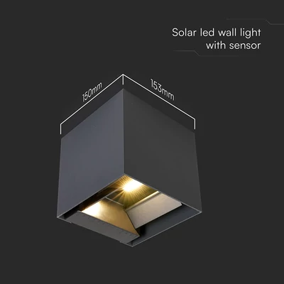 V-TAC 9W COB LED szolár fali fekete lámpa, szenzorral, állítható színhőmérséklettel - SKU 24089