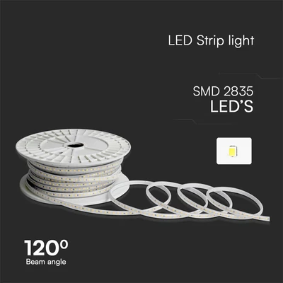 V-TAC AC230V LED szalag IP65 SMD 2835 chip 120 db/m piros színű, 50m/tekercs - SKU 23730