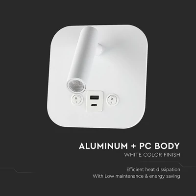 V-TAC ágy fölé való fali 8W CREE LED lámpa USB töltővel, meleg fehér, fehér ház - SKU 240026