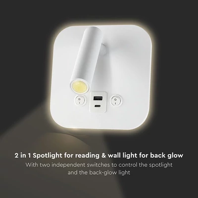 V-TAC ágy fölé való fali 8W CREE LED lámpa USB töltővel, meleg fehér, fehér ház - SKU 240026
